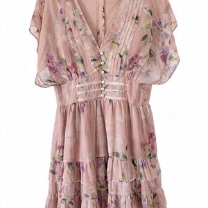 GUESS Pink Floral Ruffle Chiffon
Mini Dress | V-neck / Size L